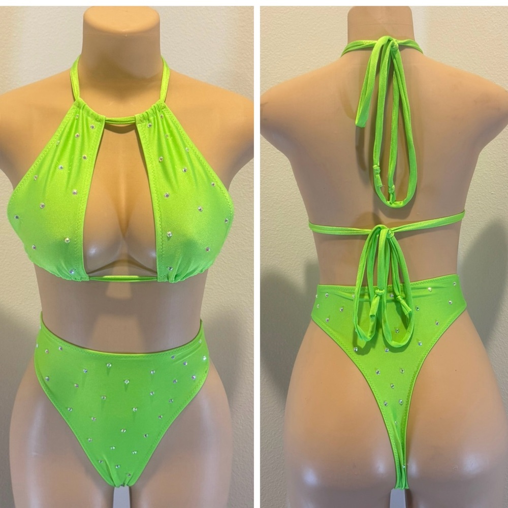 Neon Green Rhinestone Exotic Dancewear Set